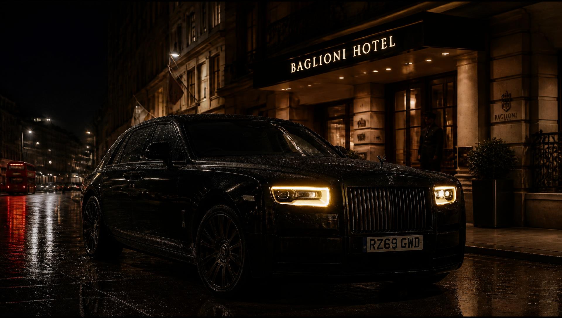 Black Rolls-Royce with glowing headlights outside a London hotel at night